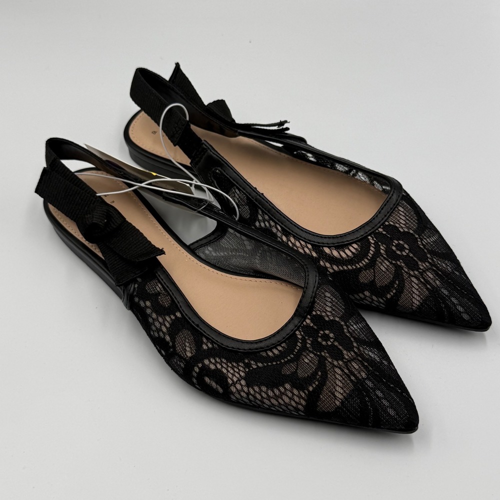 A New Day Womens Black Lace Pointed Toe Slingback Bow Flats Size 6 NEW